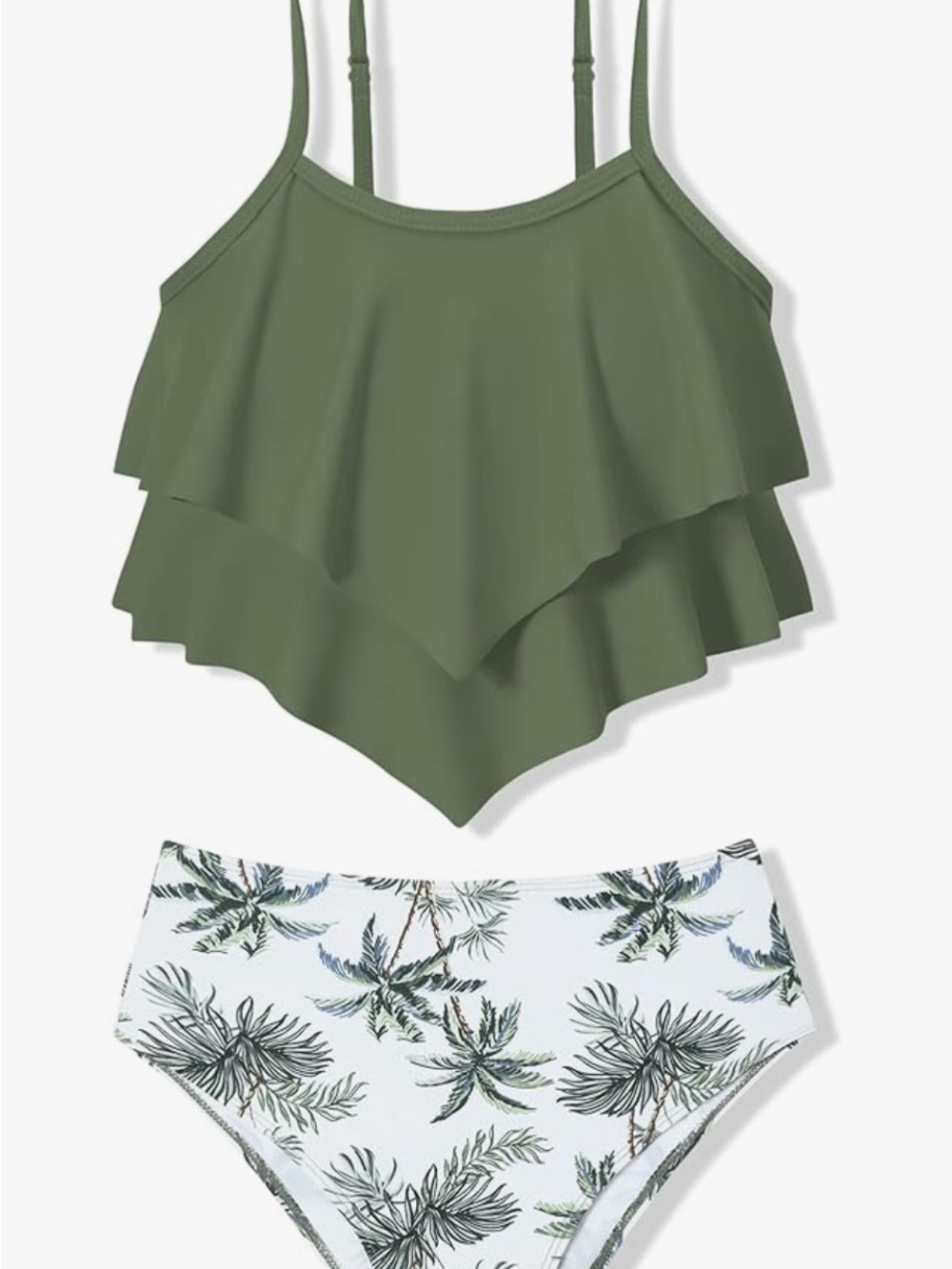 🚘 🆕 Girls Olive Green Ruffle Tankini Set with Palm Print Bottom size 10 years